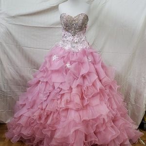 Strapless 3d flower ruffled organza ballgown